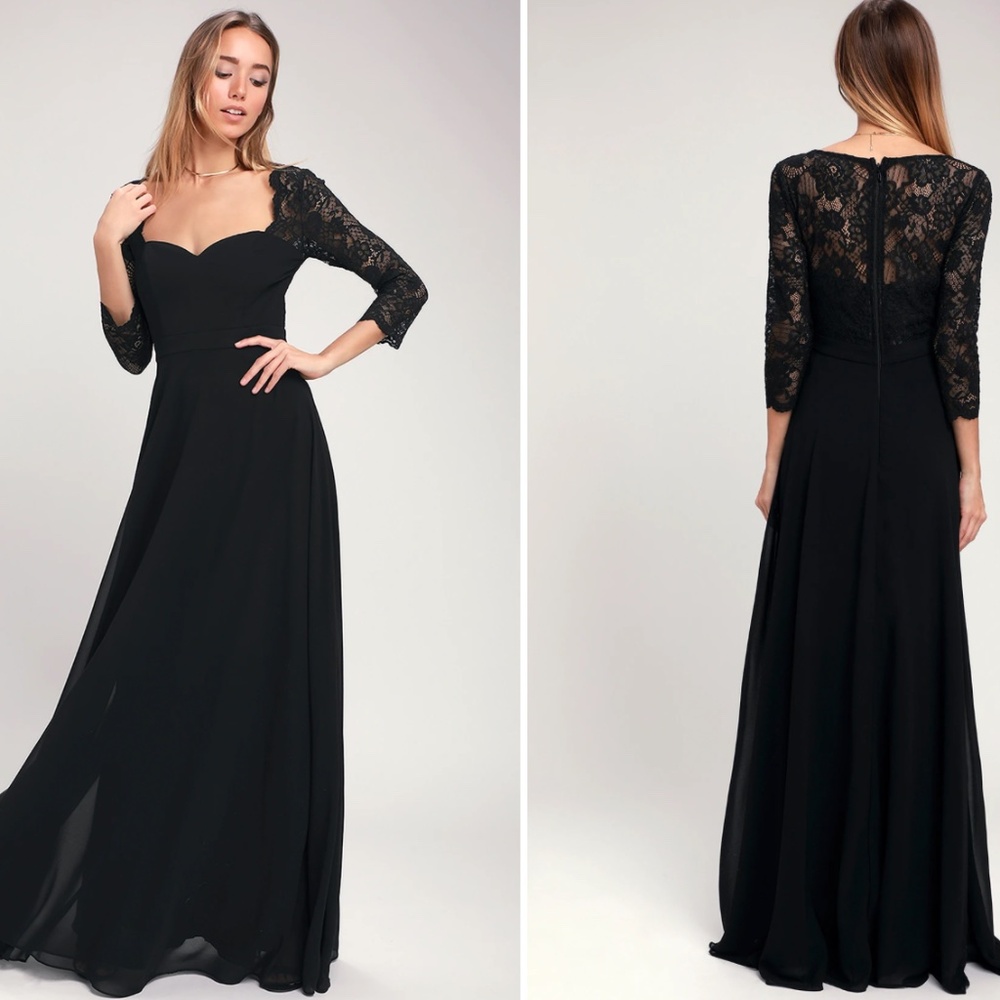 NWT Lulus "Stilson" Black Lace 3/4 Sleeve Maxi Dress Size XS